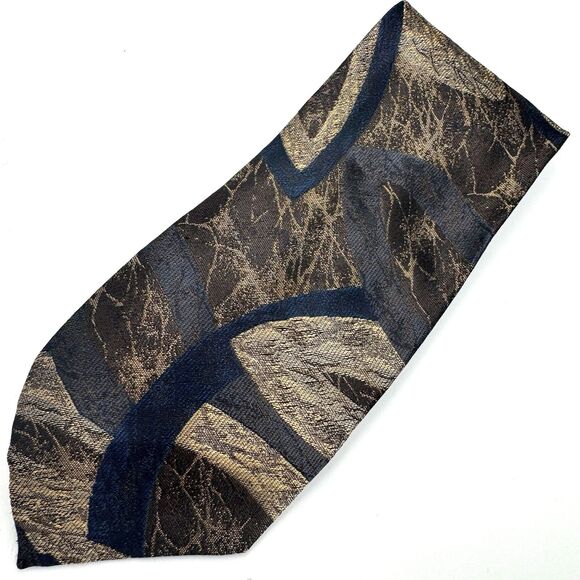 GIANNI VERSACE Tie Navy Gray Silver Brown Geometric Pattern 100% Silk Japan - Picture 1 of 4